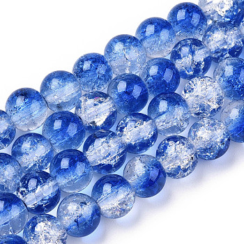 Two-Tone Crackle Baking Painted Transparent Glass Beads Strands, Round, Royal Blue, 8mm, Hole: 1.5mm, about 108~110pcs/strand, 30.71 inch~31.50 inch(78~80cm)