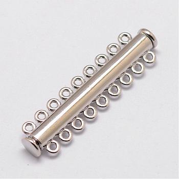 Alloy Magnetic Slide Lock Clasps, 9-Strand, 18-Hole, Tube, Platinum, 52x13.5x7mm, Hole: 2mm