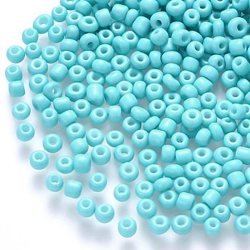 6/0 Baking Paint Glass Round Seed Beads, Cyan, 4~5x3~4mm, Hole: 1~2mm, about 4500pcs/pound