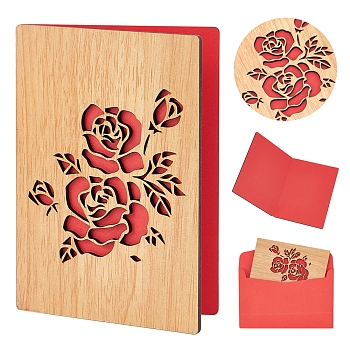 CRASPIRE Rectangle with Pattern Wooden Greeting Cards, with Red Paper InsidePage, with Rectangle Blank Paper Envelopes, Rose Pattern, Wooden Greeting Card: 1pc, Envelopes: 1pc