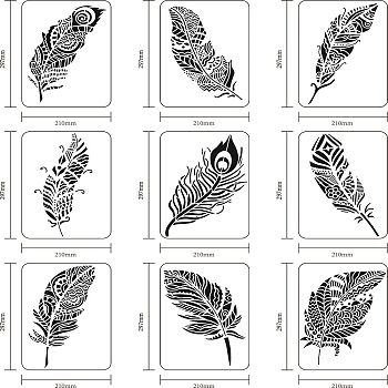 Plastic Reusable Drawing Painting Stencils Templates Sets, for Painting on Fabric Canvas Tiles Floor Furniture Wood, Feather Pattern, 29.7x21cm, 9pcs/set