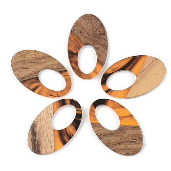 Resin & Walnut Wood Pendants, Oval, Orange, 35.5x21.5x3mm, Hole: 16x10mm