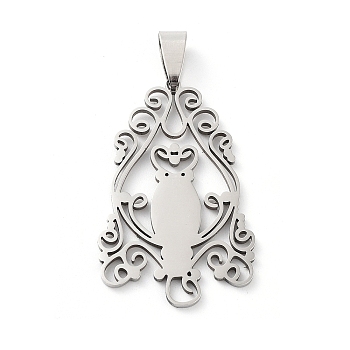 201 Stainless Steel Pendants, Laser Cut, Owl Charm, Stainless Steel Color, 38x25x1.5mm, Hole: 8.5x4.5mm