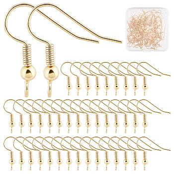 110Pcs Brass French Hooks with Coil and Ball, with Vertical Loops and 220Pcs Plastic Ear Nuts, Real 18K Gold Plated, 19x20x3mm, Hole: 3mm, Pin: 0.5mm