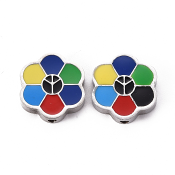 304 Stainless Steel Enamel Beads, Flower with Peaceful Sign, Colorful, Stainless Steel Color, 15x14x3.5mm, Hole: 1.6mm