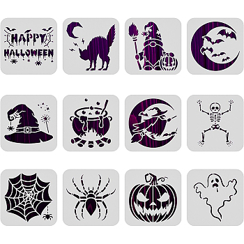Plastic Painting Stencils Sets, Reusable Drawing Stencils, White, Halloween Themed Pattern, 15x15cm