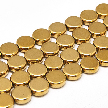 Electroplate Non-magnetic Synthetic Hematite Beads Strands, Flat Round, Golden Plated, 10x4mm, Hole: 1mm, about 44pcs/strand, 16.1 inch