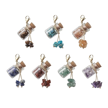 Chakra Natural & Synthetic Gemstone Chip inside Glass Wishing Bottle Pendants Decorations, Stainless Steel Lobster Claw Clasps & Gemstone Chips Charm Ornaments, 45mm, 7pcs/set