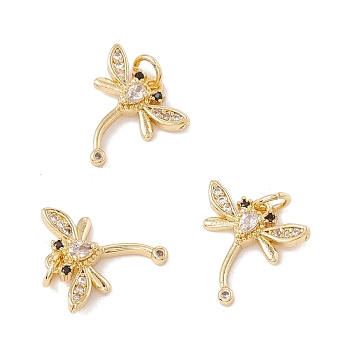 Brass Micro Pave Clear & Black Cubic Zirconia Charms, with Jump Ring, Cadmium Free & Lead Free, Dragonfly, Real 18K Gold Plated, 14.5x14x3.5mm, Hole: 3mm