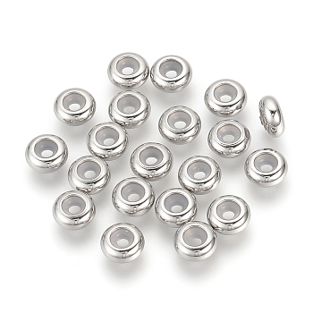 304 Stainless Steel Beads, with Rubber Inside, Slider Beads, Stopper Beads, Rondelle, Stainless Steel Color, 8x3.5mm, Rubber Hole: 2mm