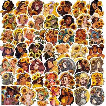 Cartoon Paper Sticker, for DIY Scrapbooking, Craft, Sunflower with Girl, Colorful, 43.5~52x39.5~55x0.1mm, 50pcs/bag