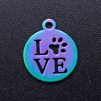 Ion Plating(IP) 201 Stainless Steel Pet Charms, Flat Round with Word Love, Rainbow Color, 14x12x1mm, Hole: 1.5mm