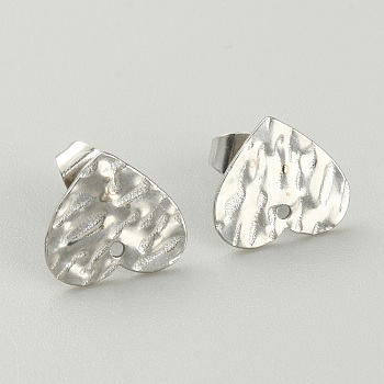 304 Stainless Steel Stud Earring Finding, with Hole, Stainless Steel Color, Heart, 11x12mm, Hole: 1mm, Pin: 0.6mm