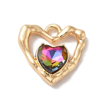 Rack Plating Alloy Pandants, with Glass, Nickel Free, Heart Charms, Golden, Colorful, 19x19x5mm, Hole: 2.3mm
