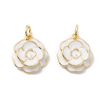 Rack Plating Brass Pendants, with Enamel and Jump Rings, Real 18K Gold Plated, Cadmium Free & Lead Free, Flower, White, 17x15x4mm, Jump Ring: 6x1mm, 4mm Inner Diameter