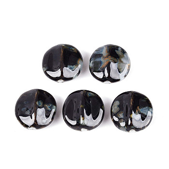 Vintage Handmade Porcelain Beads, Fancy Antique Glazed Porcelain, Flat Round, Black, 31~33x30~32x16~17mm, Hole: 2.5~3.5mm