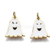 316 Surgical Stainless Steel Enamel Charms, with Jump Rings, for Halloween, Ghost, White, Real 14K Gold Plated, 12x9.5x1mm, Jump Ring: 3.4x0.5mm, 2.4mm inner diameter(STAS-S116-346G)