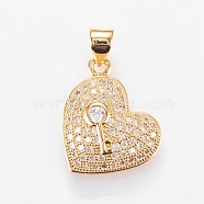 Brass Micro Pave Cubic Zirconia Pendants, Real 18K Gold Plated, Heart with Key, 18x15x4mm, Hole: 3x5mm(ZIRC-L068-56G)