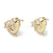 Brass with Cubic Zirconia Stud Earrings Findings, with 925 Sterling Silver Pins, Heart, Real 14K Gold Plated, 13x13x6mm, Hole: 1.2mm, Pin: 0.5x12mm(KK-B087-10G)