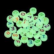 Transparent Luminous Acrylic Beads, Flat Round with Letters, Mixed Color, 7x4mm, Hole: 1.4mm, 3600pcs/500g(OACR-I006-04A)