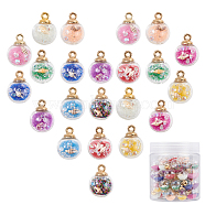 Transparent Glass Globe Pendants, with Resin & Resin Rhinestone & Conch Shell & Glass Micro Beads inside, Plastic CCB Pendant Bails, Round, Golden, Mixed Color, 21.5x16mm, Hole: 2mm, 11 Colors, 6pcs/color, 66pcs/box(GLAA-PH0007-75G)