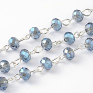 Handmade Electroplate Glass Faceted Rondelle Beads Chains for Necklaces Bracelets Making, with Silver Color Plated Brass Eye Pin, Unwelded, Steel Blue, 39.4 inch, about 92pcs/strand(AJEW-JB00146-02)