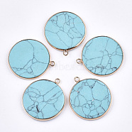 Synthetic Turquoise Pendants, with Brass Findings, Flat Round, Golden, 35~36x31~32x3mm, Hole: 2mm(G-T112-24N)