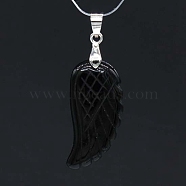 Natural Black Onyx Pendants, with Platinum Tone Brass Findings, Dyed & Heated, Wing, 35x17mm(WI-PW0001-085F)