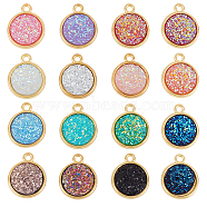 Opaque Resin Pendants, with Golden Tone Alloy Findings, Flat Round, Mixed Color, 18x15x3.5~4mm, Hole: 1.8mm, 32pcs/box(RESI-FH0001-19G)