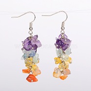 Natural Gemstone Cluster Earrings, with Brass Earring Hooks, Colorful, 56mm, Pin: 0.7mm(EJEW-JE01290)