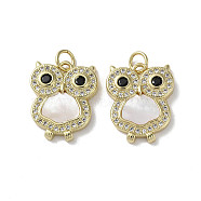 Brass Micro Pave Cubic Zirconia Pendants, with Shell, Real 18K Gold Plated, Owl, 18x14.5x3.5mm, Hole: 3mm(KK-G485-25C-G)