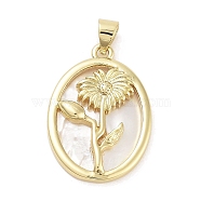 Rack Plating Brass Pave Shell Pendants, Oval with Flower Charms, Long-Lasting Plated, Lead Free & Cadmium Free, Real 18K Gold Plated, 25x17.5x3mm, Hole: 5x3.5mm(KK-Z064-28G-09)