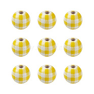 Natural Wooden Beads, Plaid Beads, Tartan Pattern, Round, Yellow, 5/8 inch(16mm), Hole: 4mm(WOOD-TAC0010-05G)