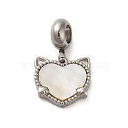 304 Stainless Steel European Dangle Charms, Large Hole Pendants with Heart Shaped White Shell, Cat Head, Stainless Steel Color, 22mm, Pendant: 13.5x14x3mm, Hole: 4.5mm(STAS-G308-32P)