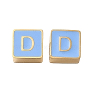 304 Stainless Steel Enamel Beads, Real 14K Gold Plated, Square with Letter, Letter D, 8x8x4mm, Hole: 2mm(STAS-L022-293G-D)