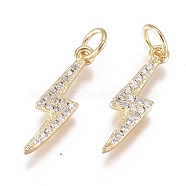 Brass Micro Pave Cubic Zirconia Pendants, Long-Lasting Plated, with Jump Ring, Lightning, Clear, Golden, 17.5x6x2mm, Hole: 1.8mm(ZIRC-G168-15G)