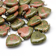 Heart Natural Unakite Pendants, with Platinum Tone Brass Findings, 20~22x20~21x5~8mm, Hole: 2x7mm(X-G-Q438-07)
