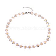 Enamel Daisy Link Chain Necklace, Vacuum Plating 304 Stainless Steel Jewelry for Women, Stainless Steel Color, Pink, 16.3 inch(41.5cm)(NJEW-P220-01P-05)