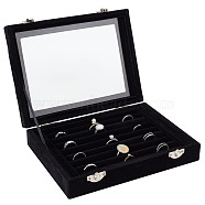 8 Slot Velvet Jewelry Ring Presentation Boxes, Glass Visible Window Finger Ring Organizer Case with Platinum Tone Alloy Clasps, Rectangle, Black, 20.4x15.7x4.6cm(VBOX-WH0016-01B)