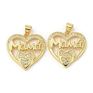Mother's Day Theme Rack Plating Brass Micro Pave Cubic Zirconia Pendants, Long-Lasting Plated, Lead Free & Cadmium Free, Heart and Word Mama Charms, Real 18K Gold Plated, 21x21x2.5mm, Hole: 5x3mm(KK-F869-19G-01)