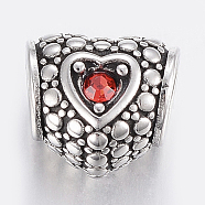 304 Stainless Steel European Rhinestone Beads, Large Hole Beads, Heart, Ruby, Antique Silver, 10x11x8.5mm, Hole: 5mm(STAS-H446-109AS)