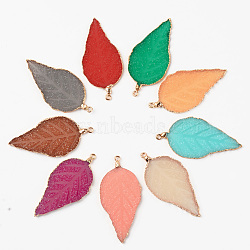 Electroplate Druzy Resin Big Pendants, with Iron Findings, Leaf, Light Gold, Mixed Color, 56~57x27~28x3mm, Hole: 1.6mm(RESI-S366-22)