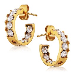 Clear Cubic Zirconia C-shape Stud Earrings, 430 Stainless Steel Half Hoop Earrings for Women, Golden, 15x4mm, Pin: 1mm(JE950A)
