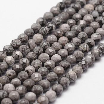Natural Map Stone/Picasso Stone/Picasso Jasper Beads Strands, Faceted, Round, 4mm, Hole: 1mm, about 96pcs/strand, 14.9 inch~15.1 inch