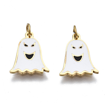 316 Surgical Stainless Steel Enamel Charms, with Jump Rings, for Halloween, Ghost, White, Real 14K Gold Plated, 12x9.5x1mm, Jump Ring: 3.4x0.5mm, 2.4mm inner diameter