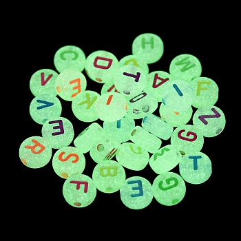 Transparent Luminous Acrylic Beads, Flat Round with Letters, Mixed Color, 7x4mm, Hole: 1.4mm, 3600pcs/500g