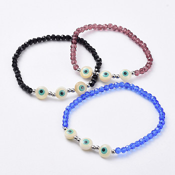Glass Beads Stretch Bracelets, with Evil Eye Freshwater Shell Beads and Stainless Steel Beads, Mixed Color, 2-1/8 inch(5.5cm)