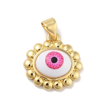 Brass Pendants, with Acrylic, Cadmium Free & Lead Free, Long-Lasting Plated, Oval with Evil Eye, Real 18K Gold Plated, Deep Pink, 16x16.5x5.5mm, Hole: 4x3.5mm