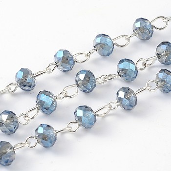Handmade Electroplate Glass Faceted Rondelle Beads Chains for Necklaces Bracelets Making, with Silver Color Plated Brass Eye Pin, Unwelded, Steel Blue, 39.4 inch, about 92pcs/strand