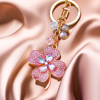 Saint Patrick's Day Alloy Rhinestone Clover Keychains, for Backpack, Keychain Decor, Hot Pink, 13.5cm